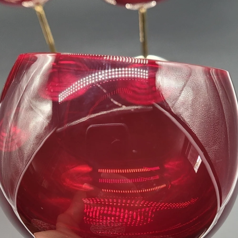 Ruby Red Glass Balloon Wine Glasses Silver Metal Stem Stepped Foot Set of 3 Vtg‍